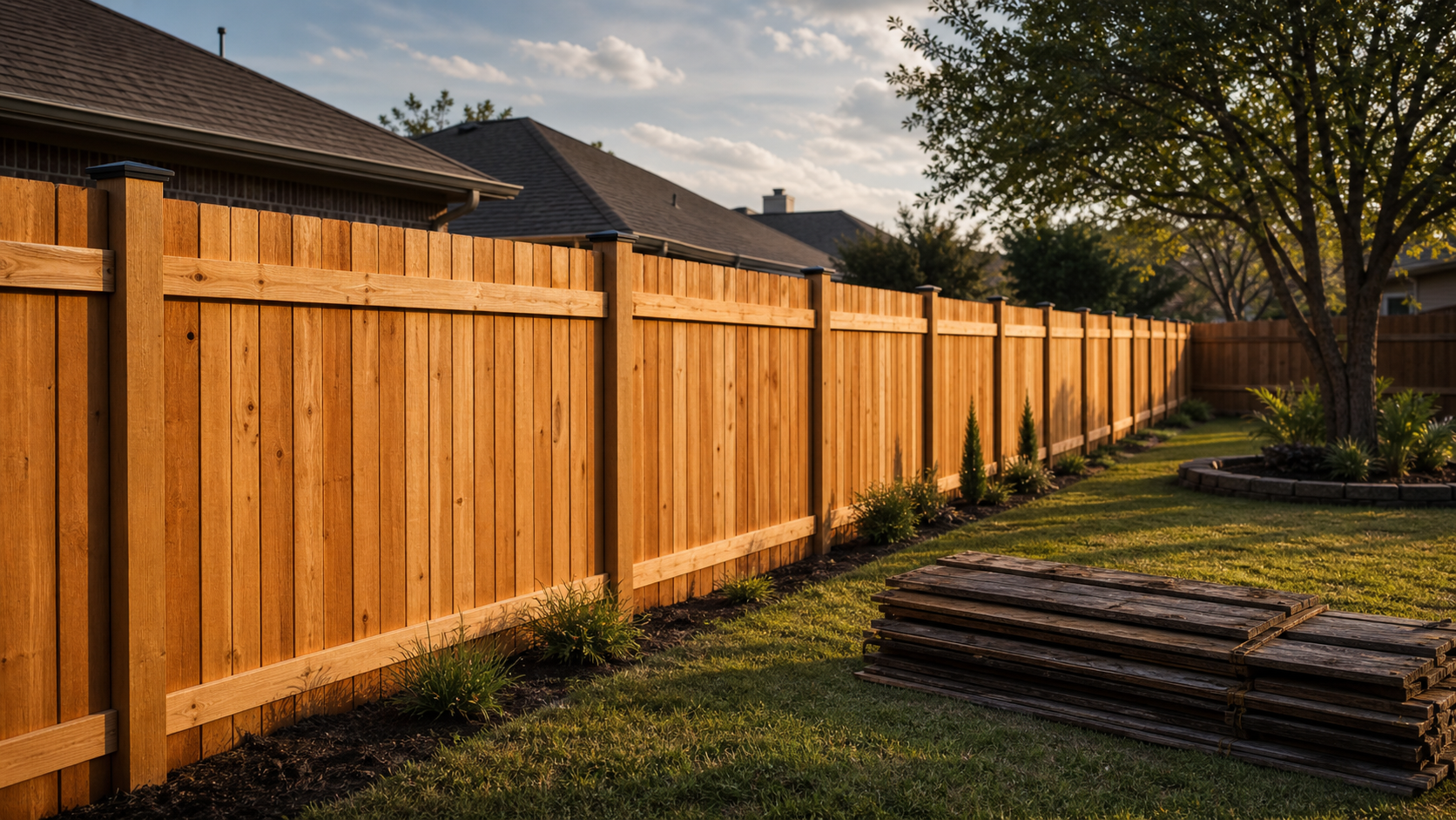 New residential wood fence with removed boards stacked nearby