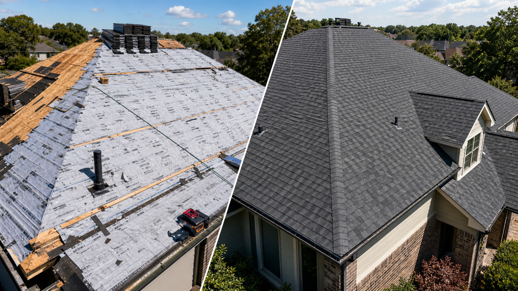 Roof replacement shown during installation and after completion