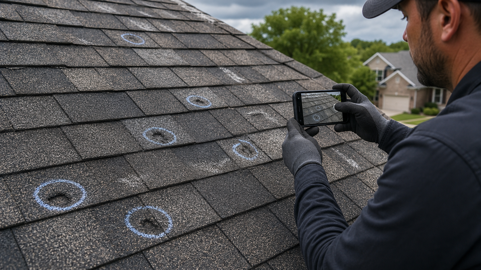 Marked hail damage on shingles being photographed for documentation